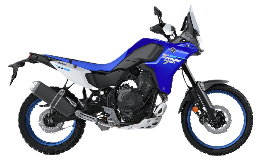 Niebiesko-biały motocykl Yamaha Tenere 700 na białym tle – flota wypożyczalni Motorland.rent w Maladze